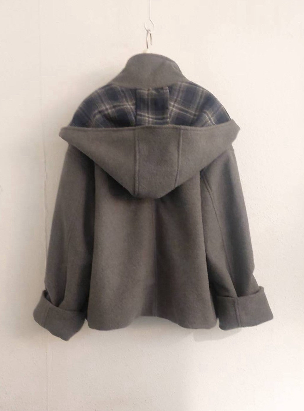 10A206 格紋披巾連帽毛呢外套