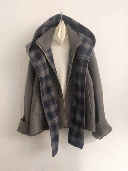 10A206 格紋披巾連帽毛呢外套