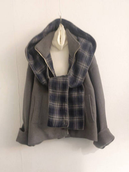 10A206 格紋披巾連帽毛呢外套