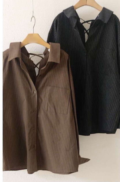 10A215 直紋後綁帶開襟襯衫