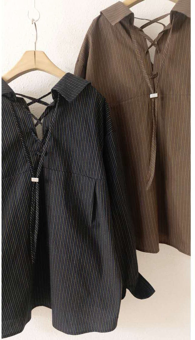 10A215 直紋後綁帶開襟襯衫