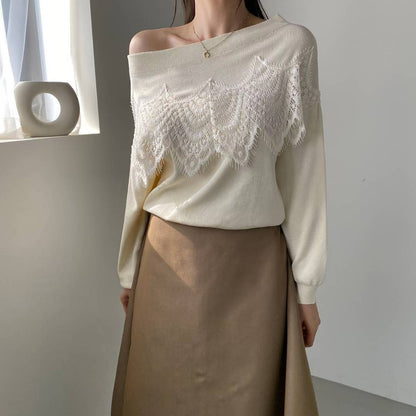 10B101 大蕾絲一字領針織衫
