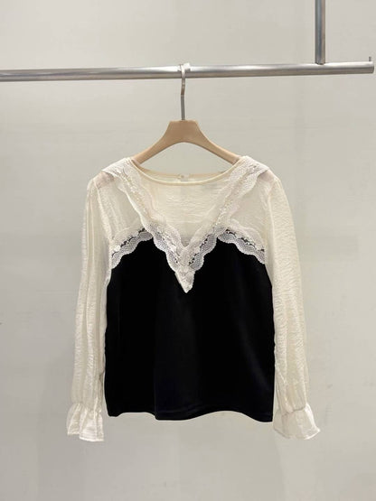 10B113 前襟V領蕾絲拚袖雪紡上衣