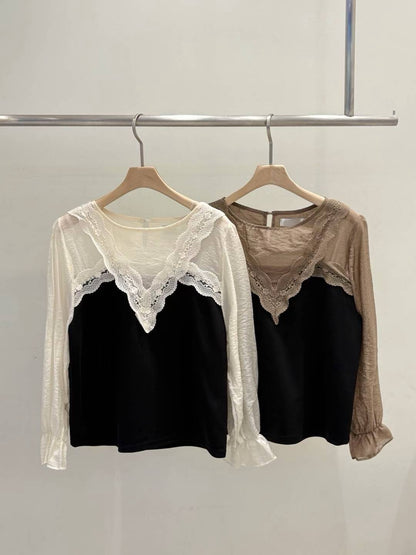 10B113 前襟V領蕾絲拚袖雪紡上衣