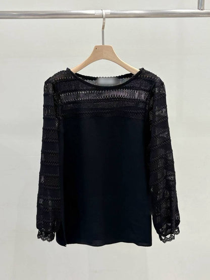 10B109 前襟橫條蕾絲雪紡上衣