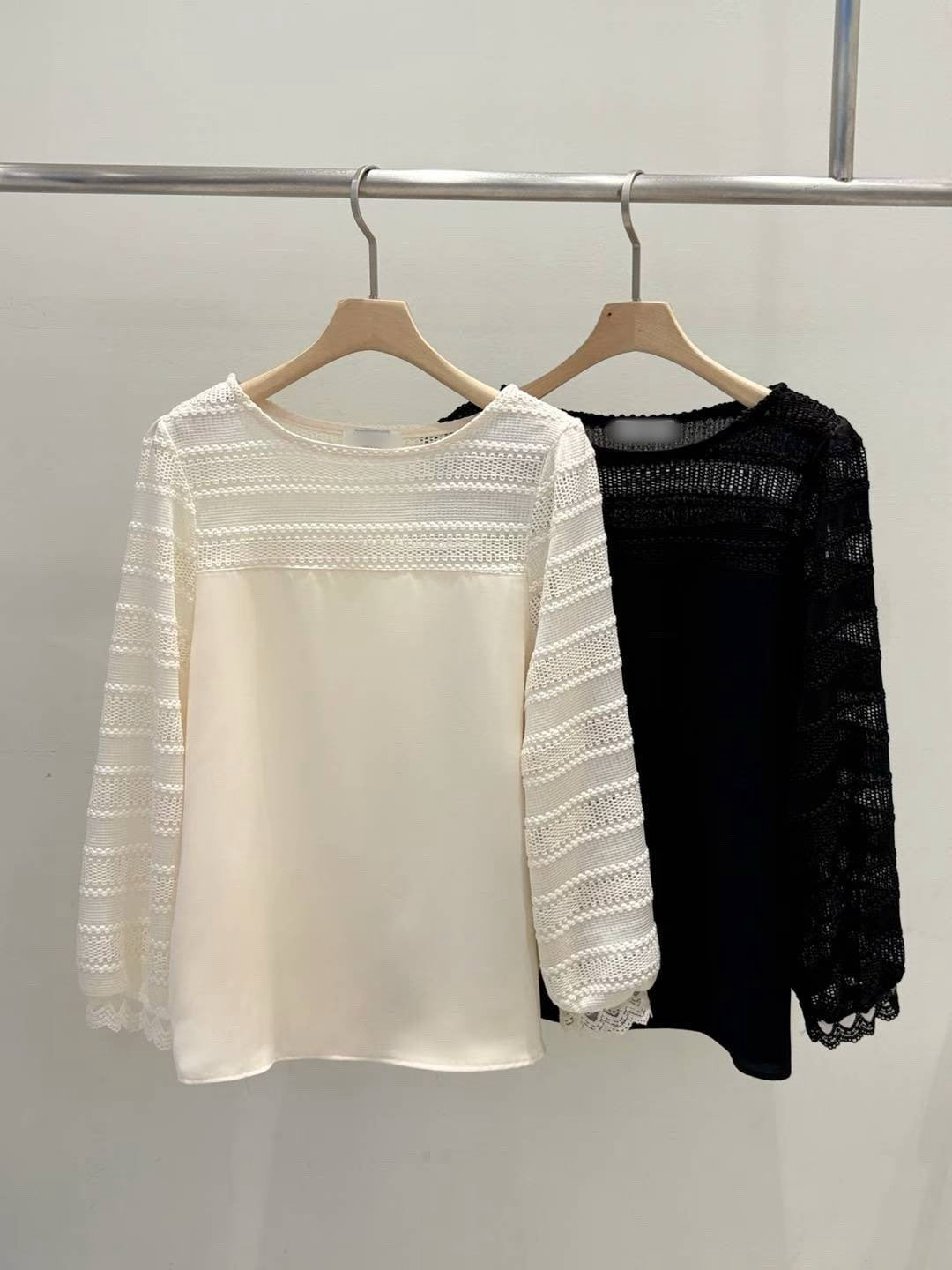 10B109 前襟橫條蕾絲雪紡上衣