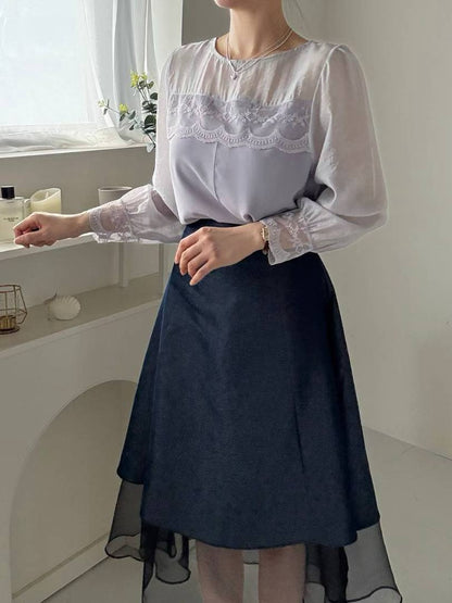 10B108 前襟異材質蕾絲雪紡上衣