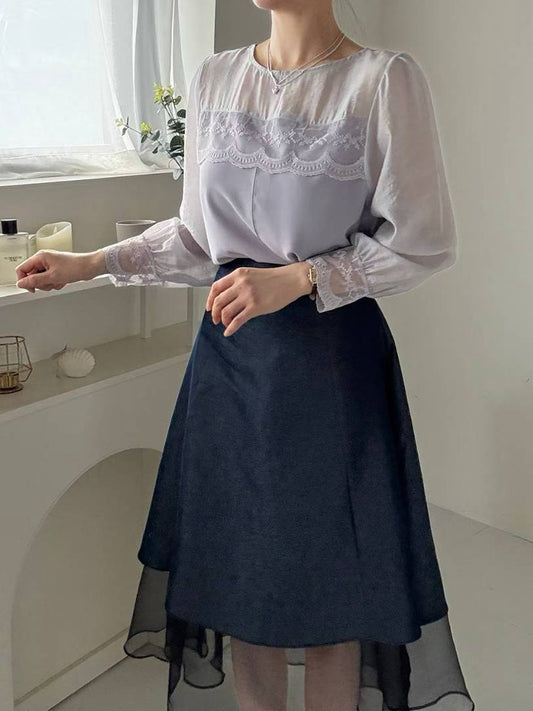 10B108 前襟異材質蕾絲雪紡上衣