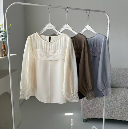 10B108 前襟異材質蕾絲雪紡上衣