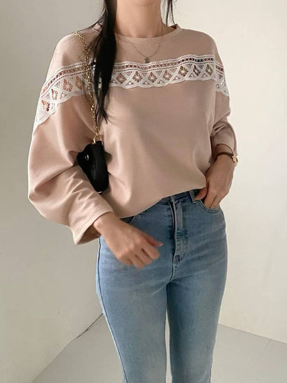 10B107 中拼布蕾絲舒服綿上衣