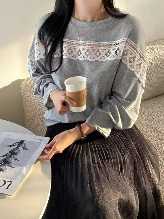 10B107 中拼布蕾絲舒服綿上衣