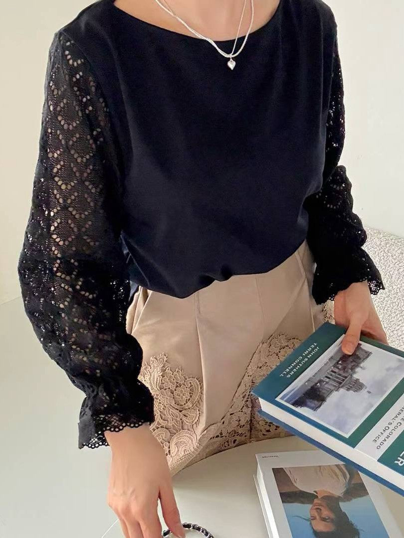 10B106 菱格紋勾針手袖雪紡上衣