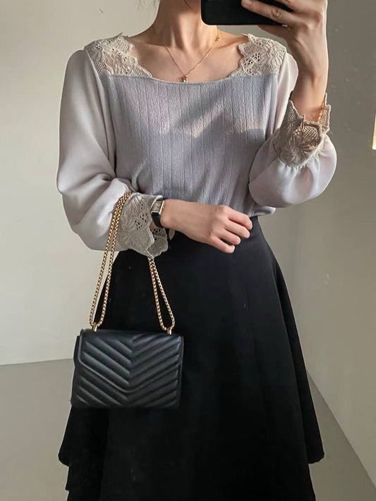 10B104 異材質方領肩蕾絲上衣