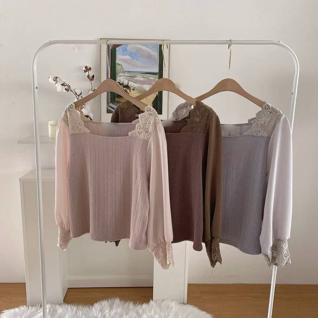 10B104 異材質方領肩蕾絲上衣