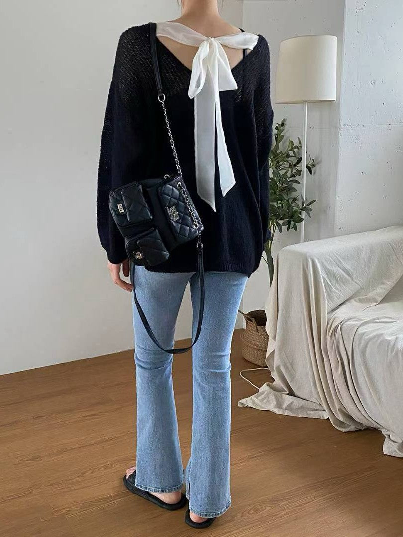 10B102 後蝴蝶結透膚感針織毛衣