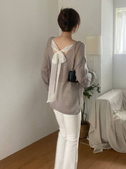 10B102 後蝴蝶結透膚感針織毛衣