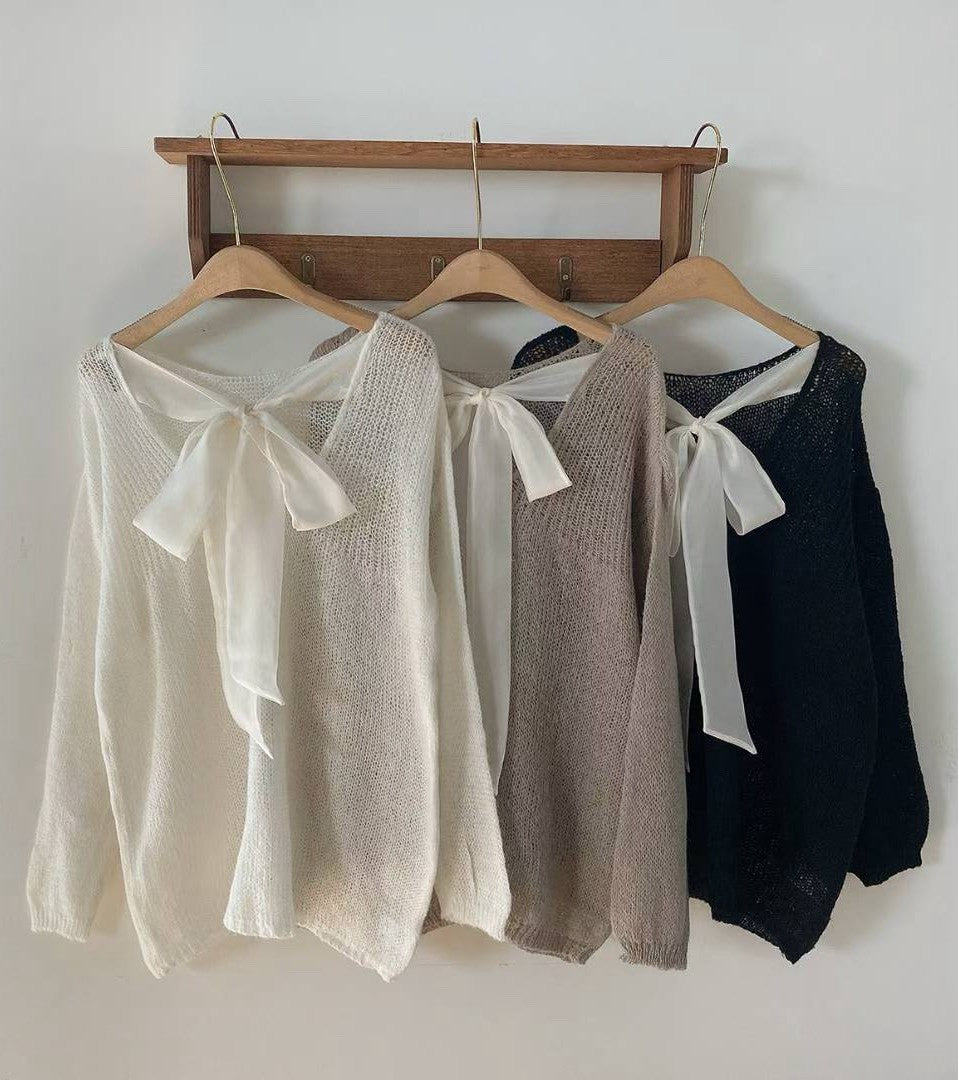 10B102 後蝴蝶結透膚感針織毛衣