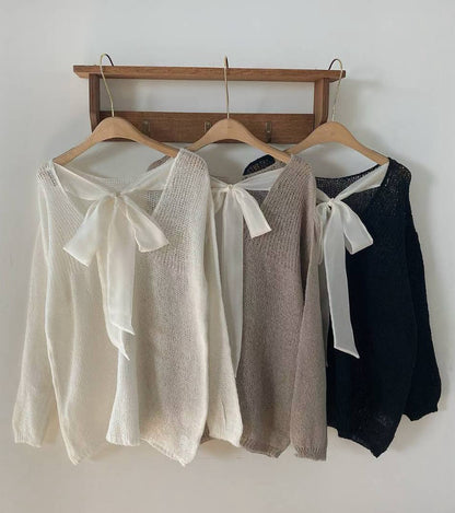 10B102 後蝴蝶結透膚感針織毛衣