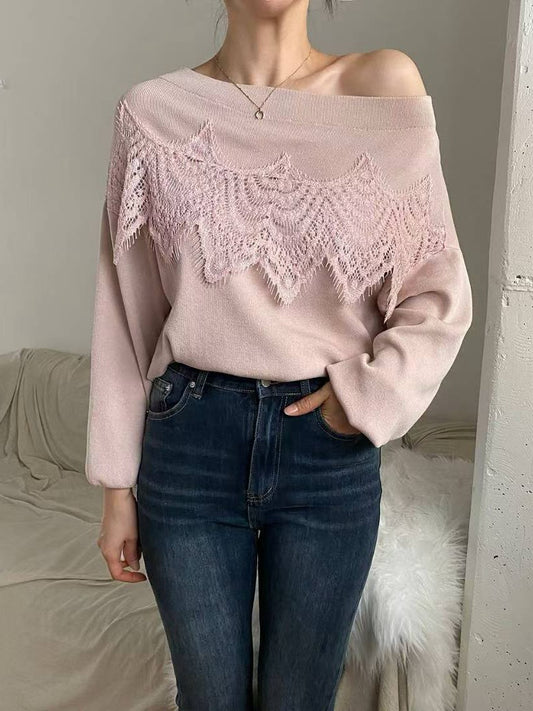 10B101 大蕾絲一字領針織衫