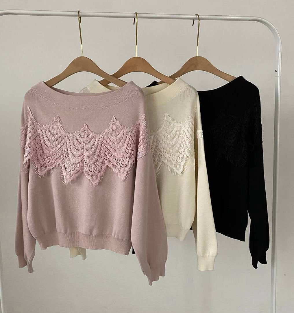 10B101 大蕾絲一字領針織衫