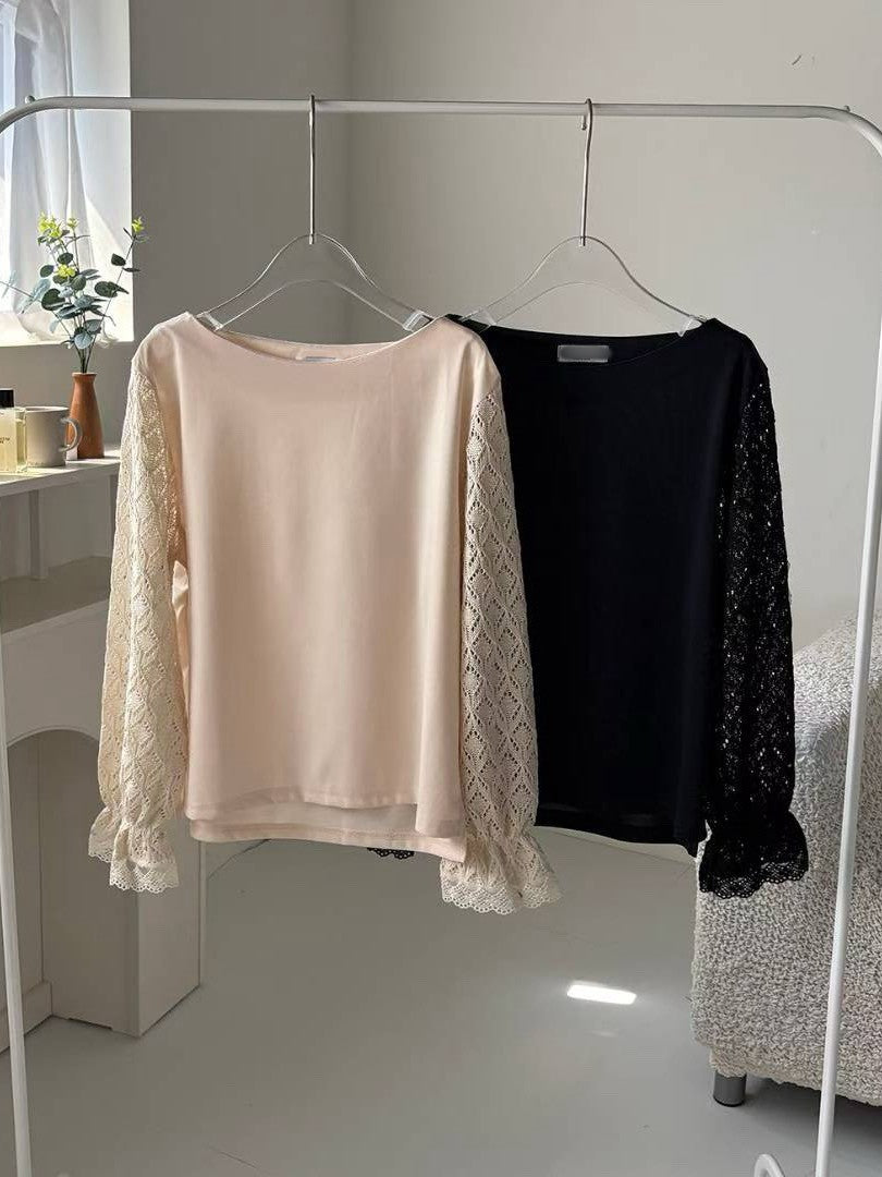 10B106 菱格紋勾針手袖雪紡上衣