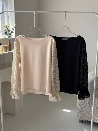 10B106 菱格紋勾針手袖雪紡上衣