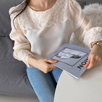 10B111 前襟花朵蕾絲雪紡上衣