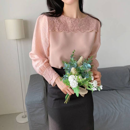 10B111 前襟花朵蕾絲雪紡上衣