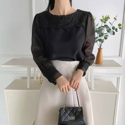 10B111 前襟花朵蕾絲雪紡上衣