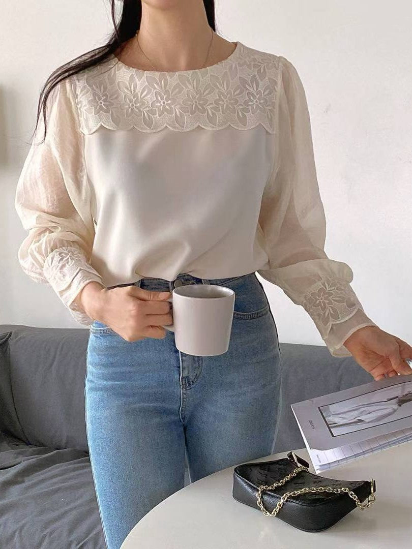 10B111 前襟花朵蕾絲雪紡上衣