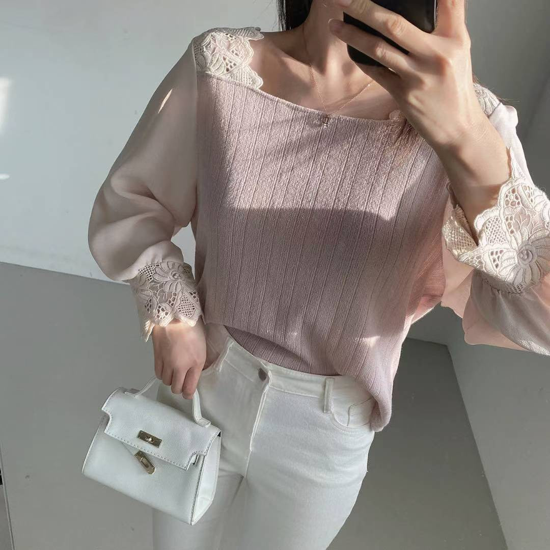 10B104 異材質方領肩蕾絲上衣
