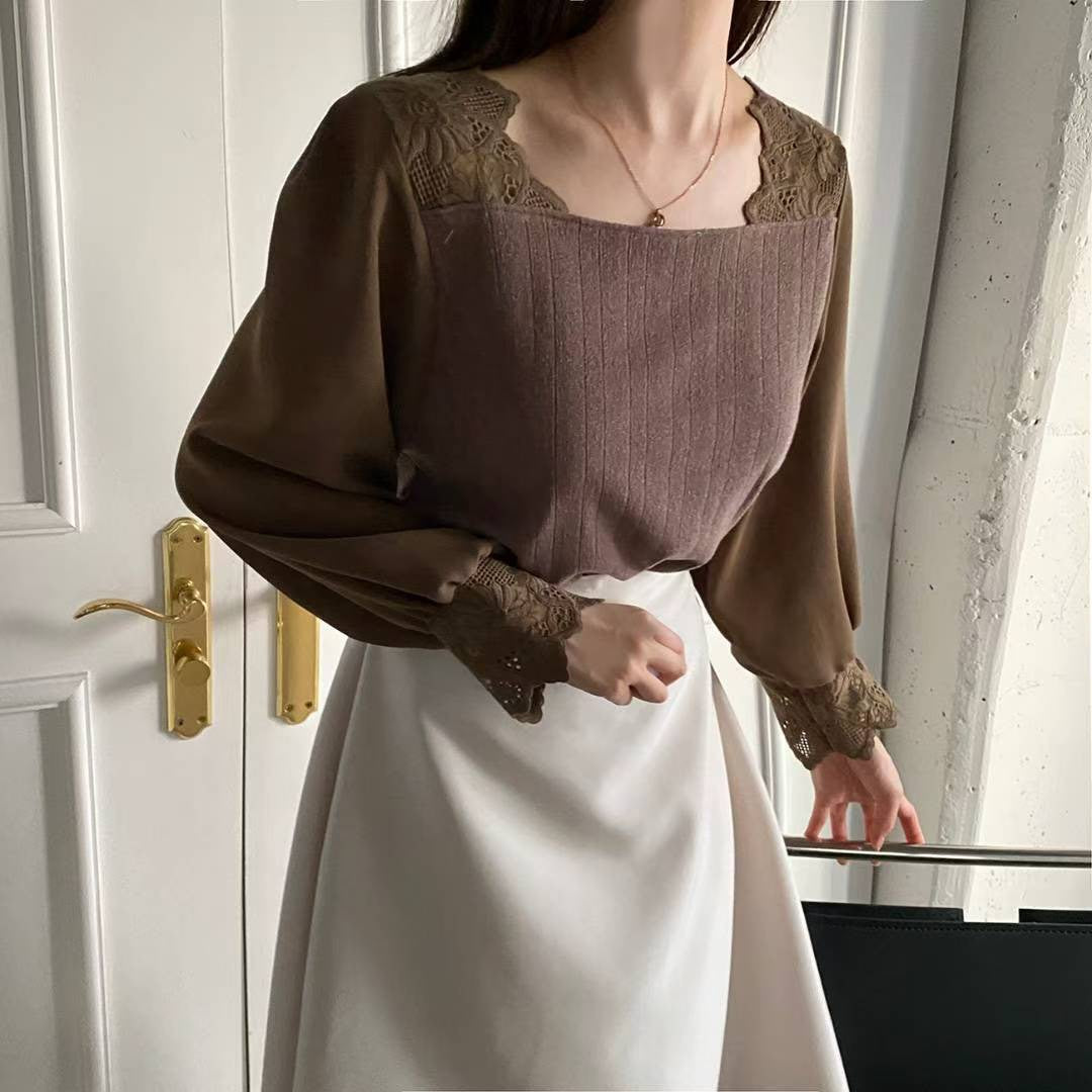 10B104 異材質方領肩蕾絲上衣