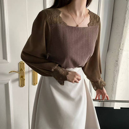 10B104 異材質方領肩蕾絲上衣