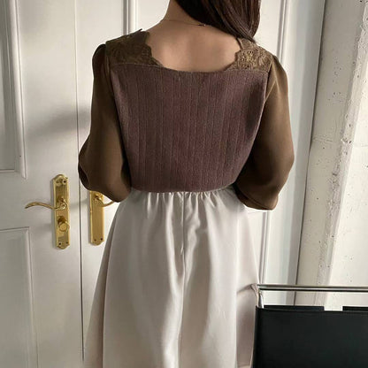 10B104 異材質方領肩蕾絲上衣