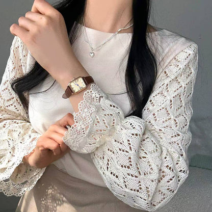 10B106 菱格紋勾針手袖雪紡上衣