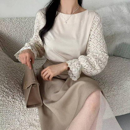 10B106 菱格紋勾針手袖雪紡上衣