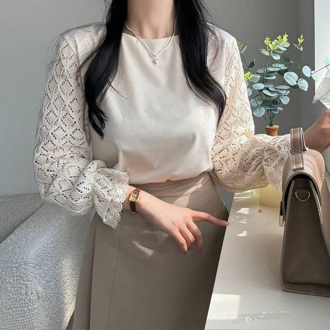 10B106 菱格紋勾針手袖雪紡上衣