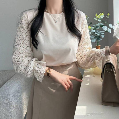 10B106 菱格紋勾針手袖雪紡上衣