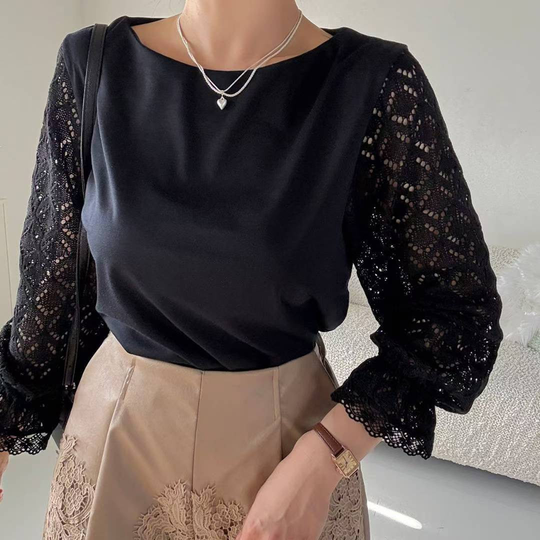 10B106 菱格紋勾針手袖雪紡上衣