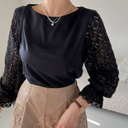 10B106 菱格紋勾針手袖雪紡上衣