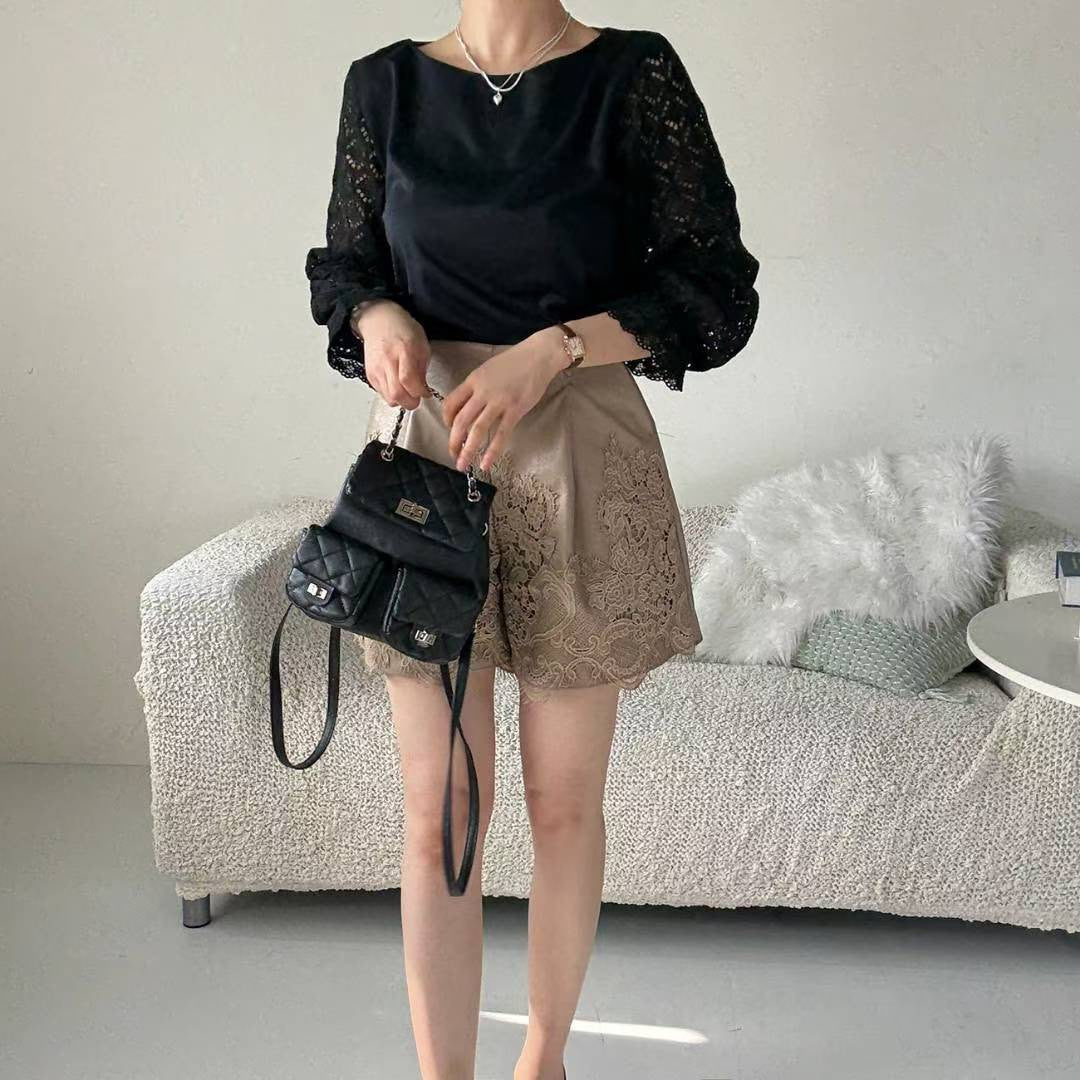 10B106 菱格紋勾針手袖雪紡上衣