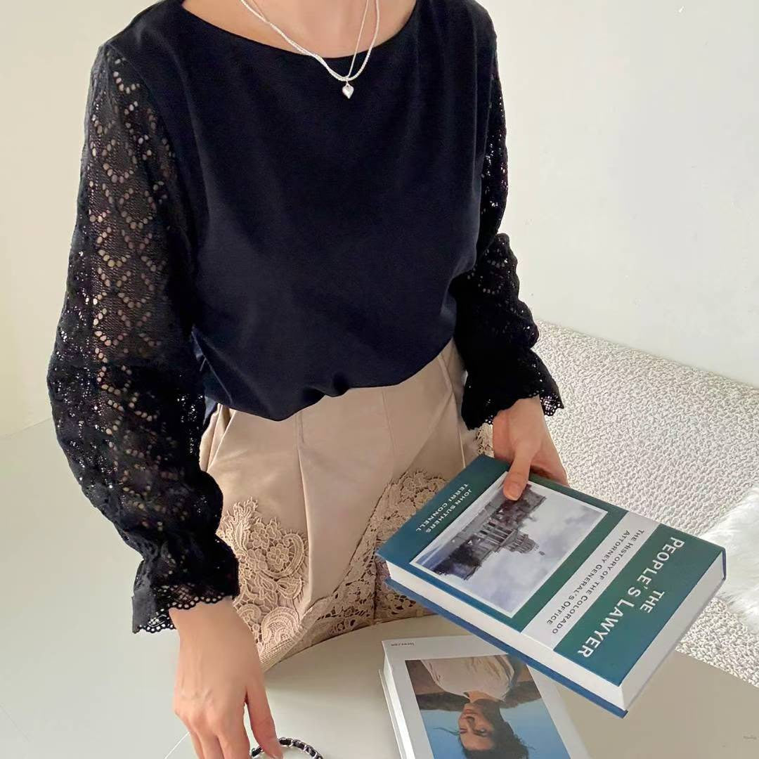 10B106 菱格紋勾針手袖雪紡上衣