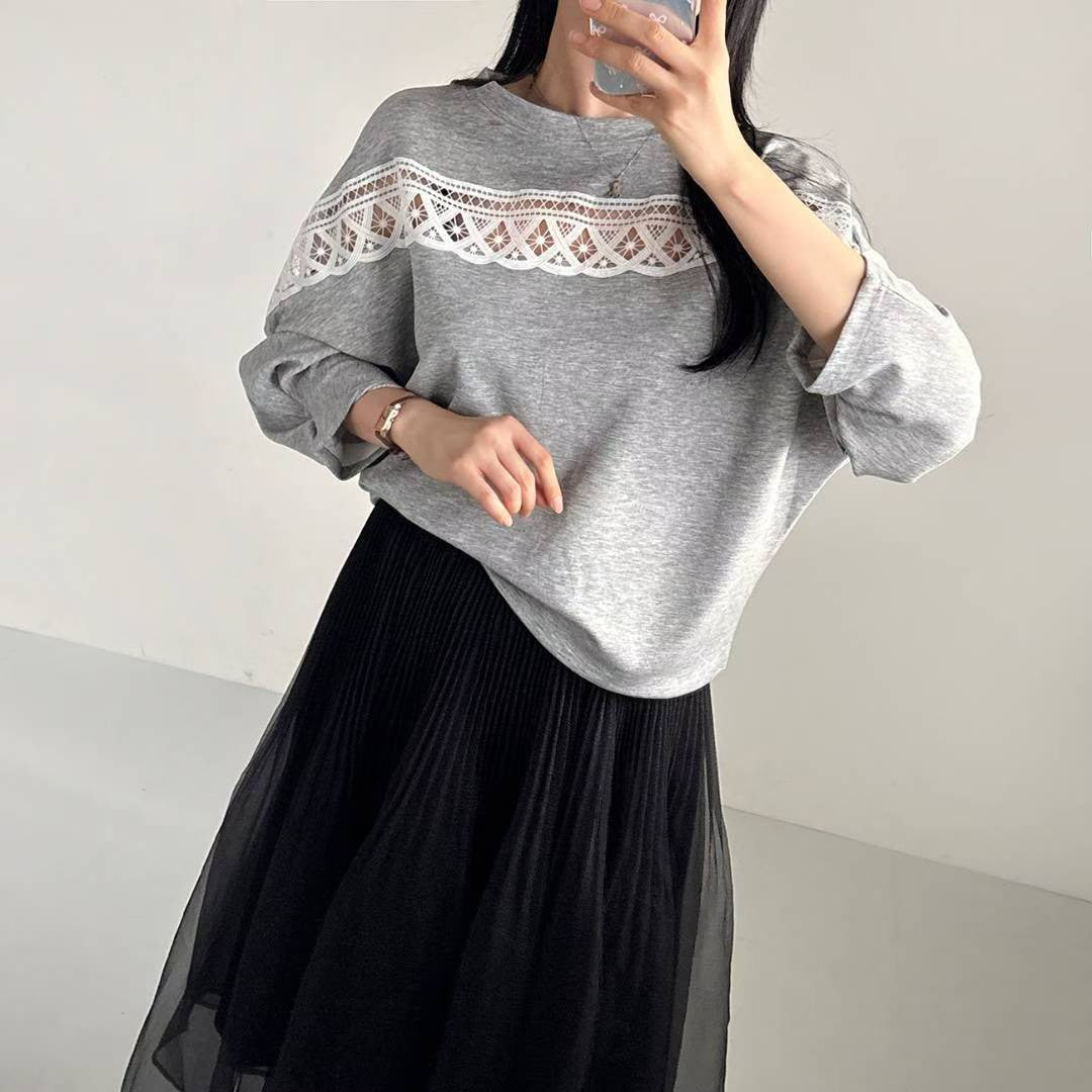 10B107 中拼布蕾絲舒服綿上衣