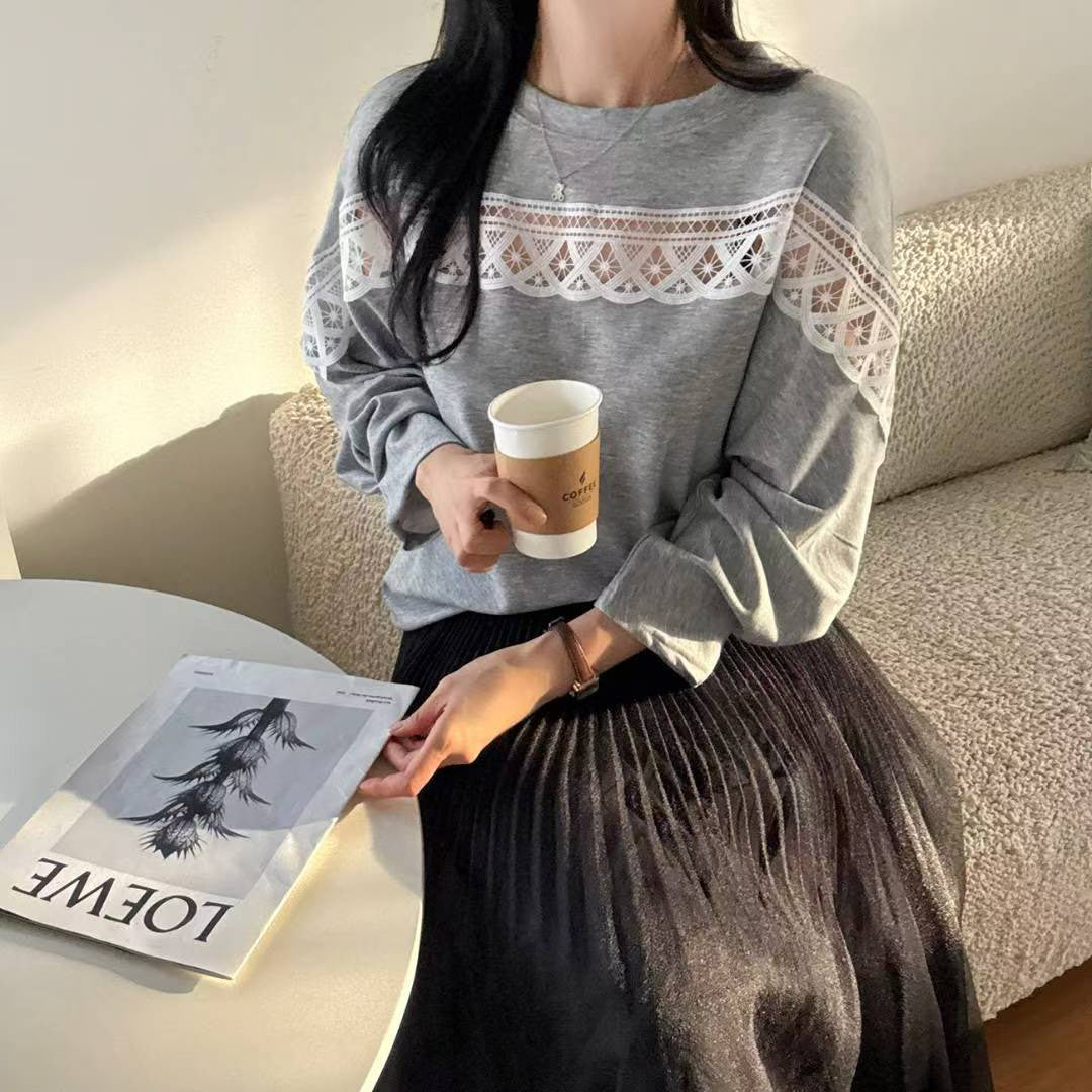 10B107 中拼布蕾絲舒服綿上衣