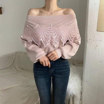 10B101 大蕾絲一字領針織衫