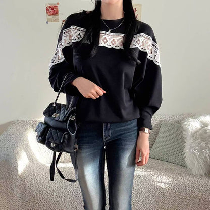 10B107 中拼布蕾絲舒服綿上衣