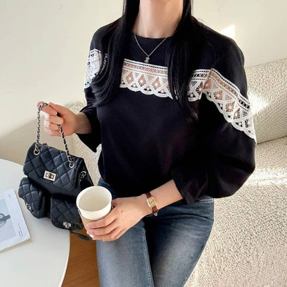 10B107 中拼布蕾絲舒服綿上衣