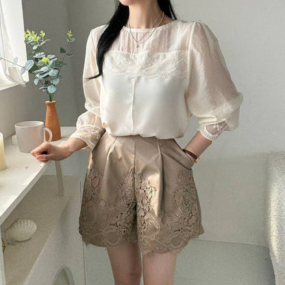 10B108 前襟異材質蕾絲雪紡上衣