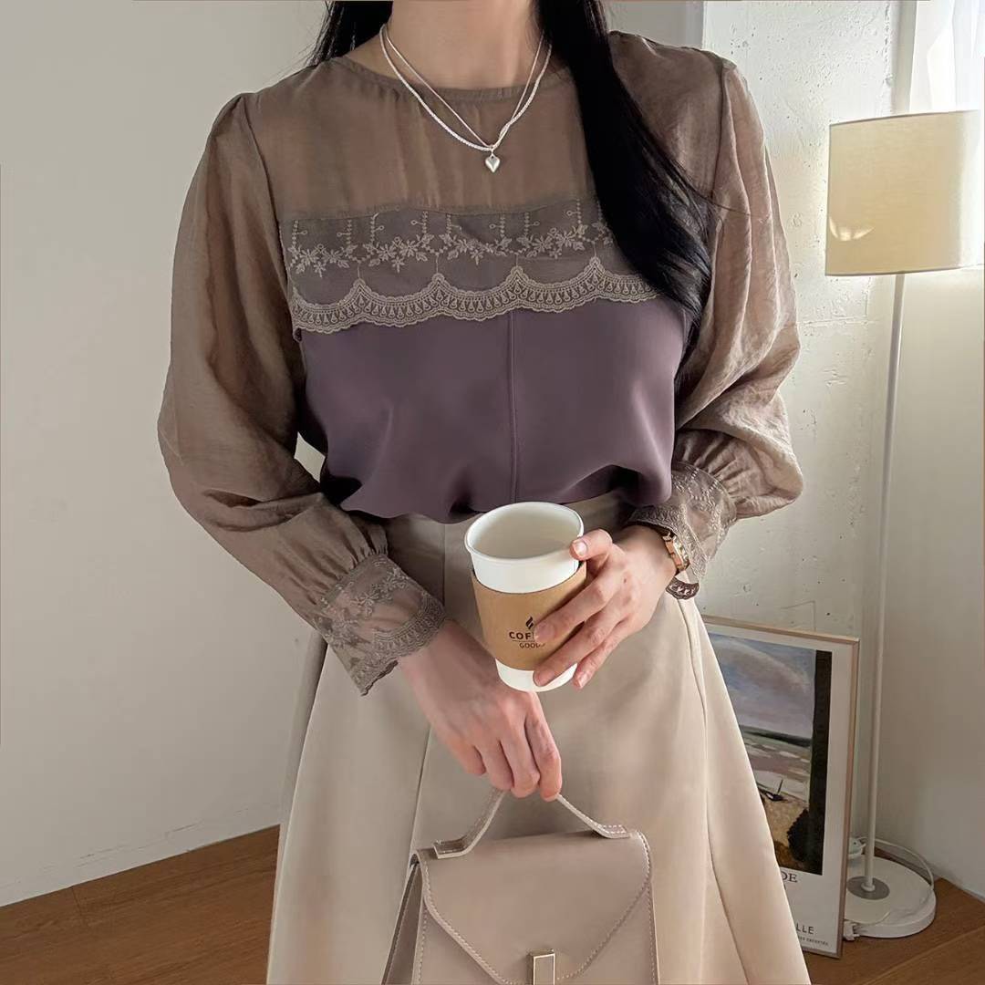 10B108 前襟異材質蕾絲雪紡上衣