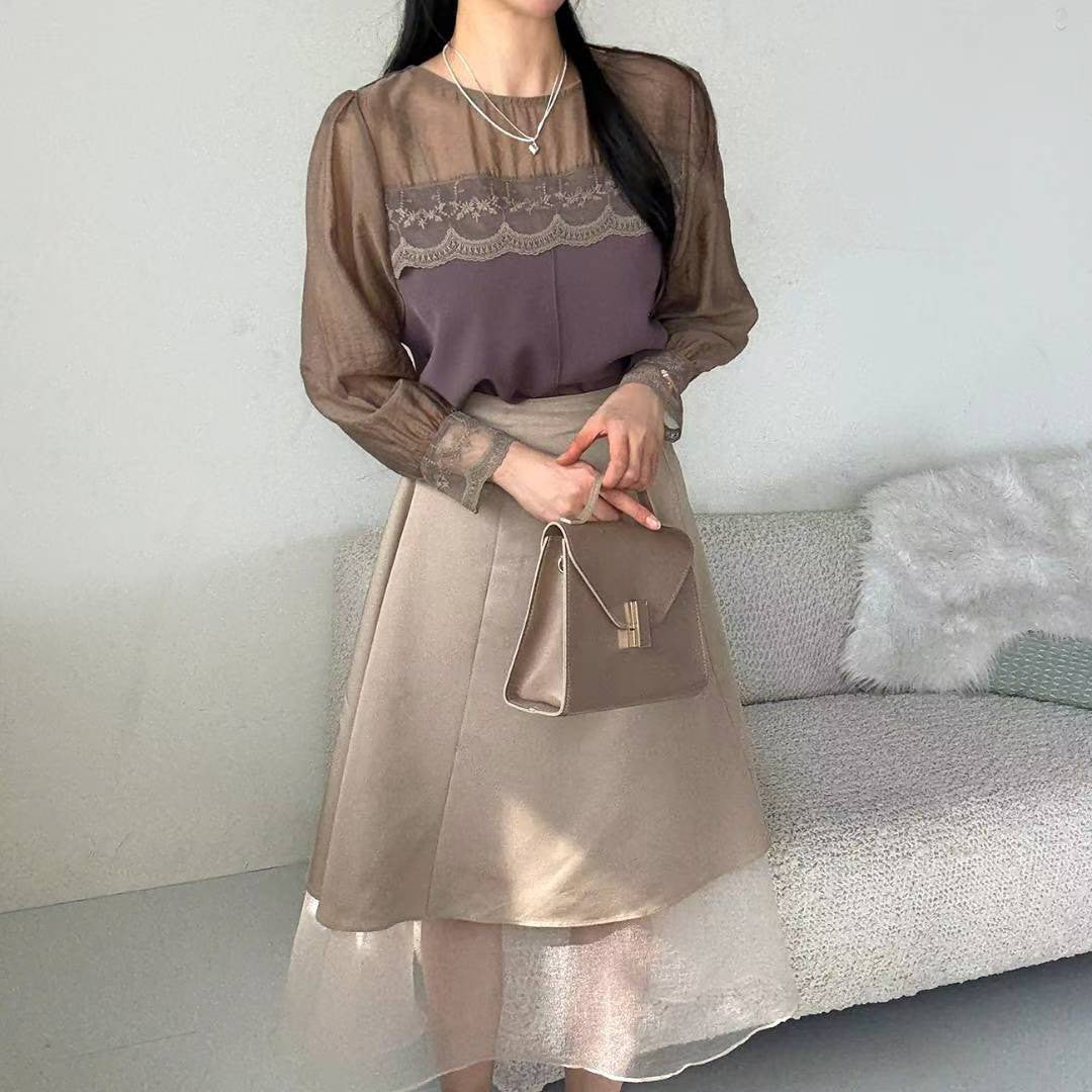 10B108 前襟異材質蕾絲雪紡上衣